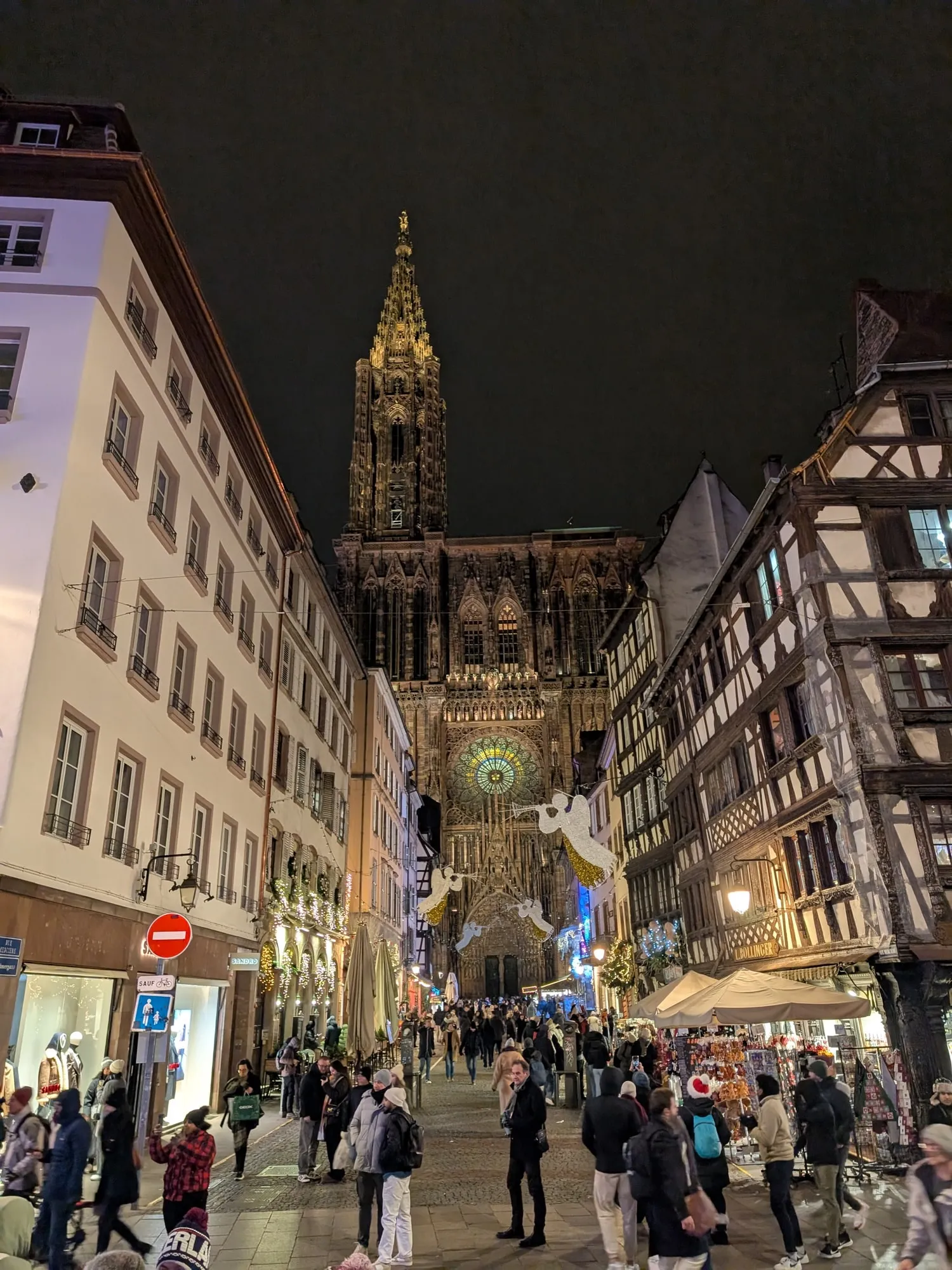 A Christmas market at night in Strasbourg, France, photographed on one of our own trips
