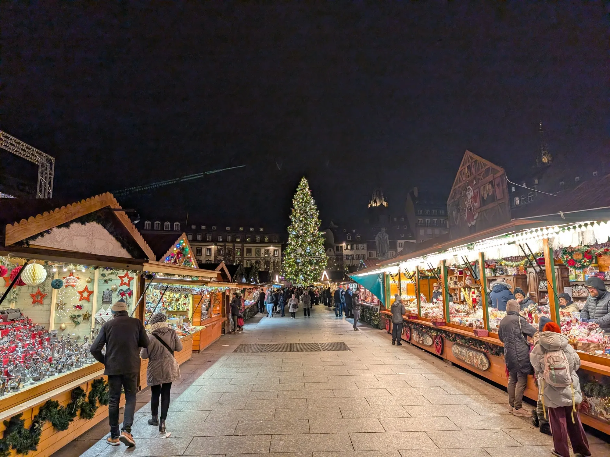 A Christmas market at night in Strasbourg, France, photographed on one of our own trips