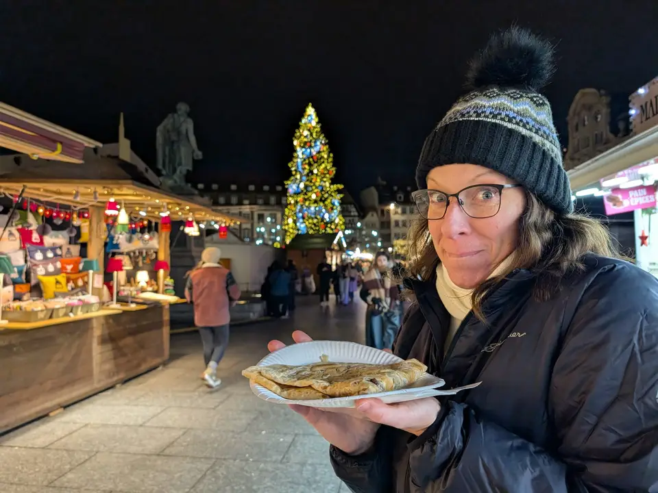 A plate of tarte flambée at the market