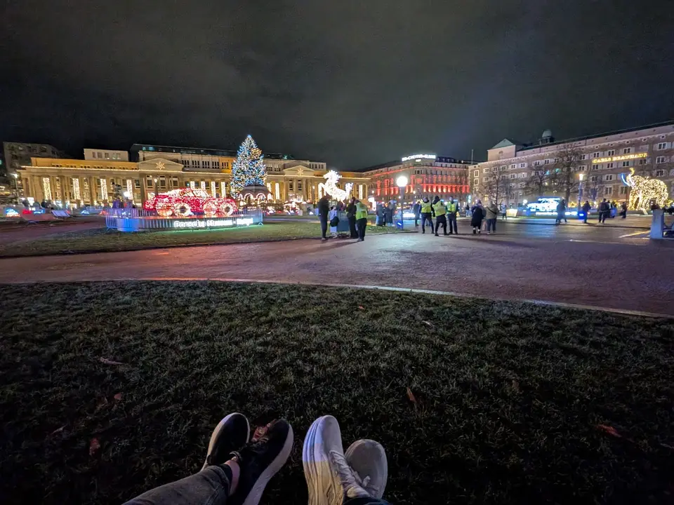 The market from above, stalls lit end to end