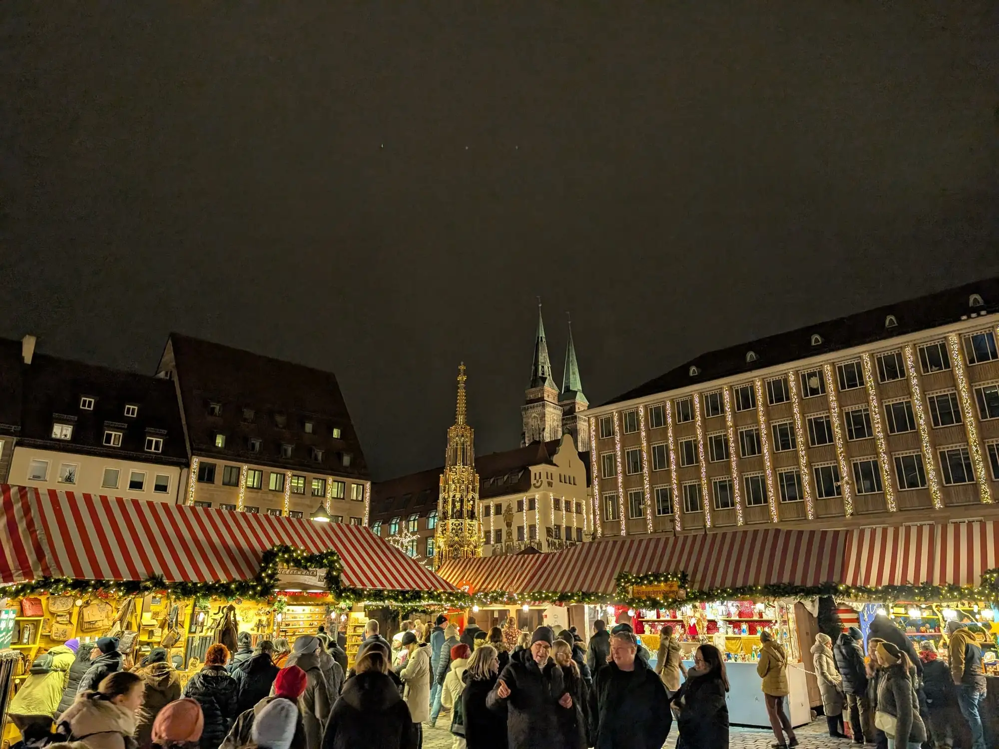 The Christkindlesmarkt in Nuremberg at night, stalls lit in front of the Frauenkirche, photographed on one of our own trips