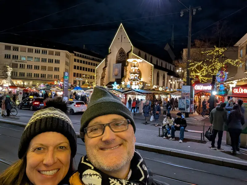 The tram stop and the market beyond — the Christmas market in Basel, Switzerland
