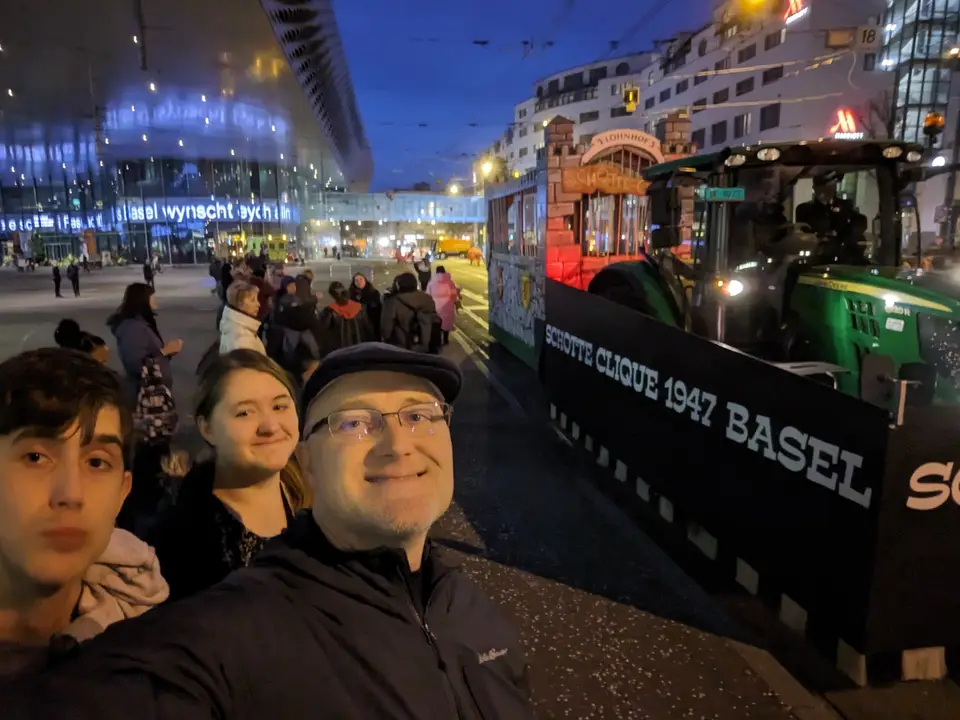 At Fasnacht, a clique float behind the old Basel tram