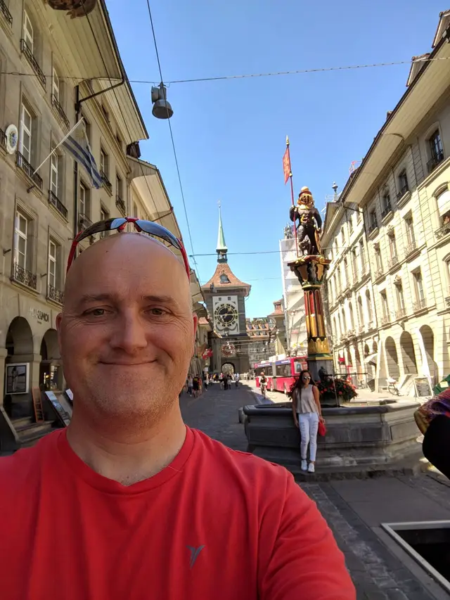 On Kramgasse, a fountain figure and the Zytglogge behind