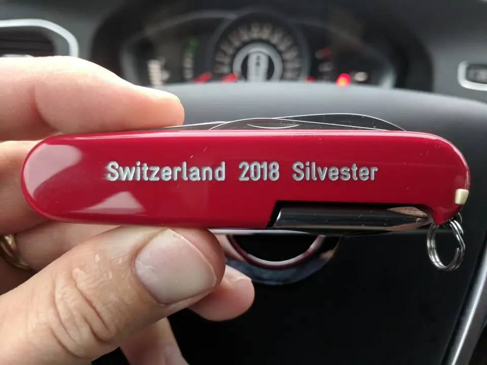 The finished knife, engraved Switzerland 2018