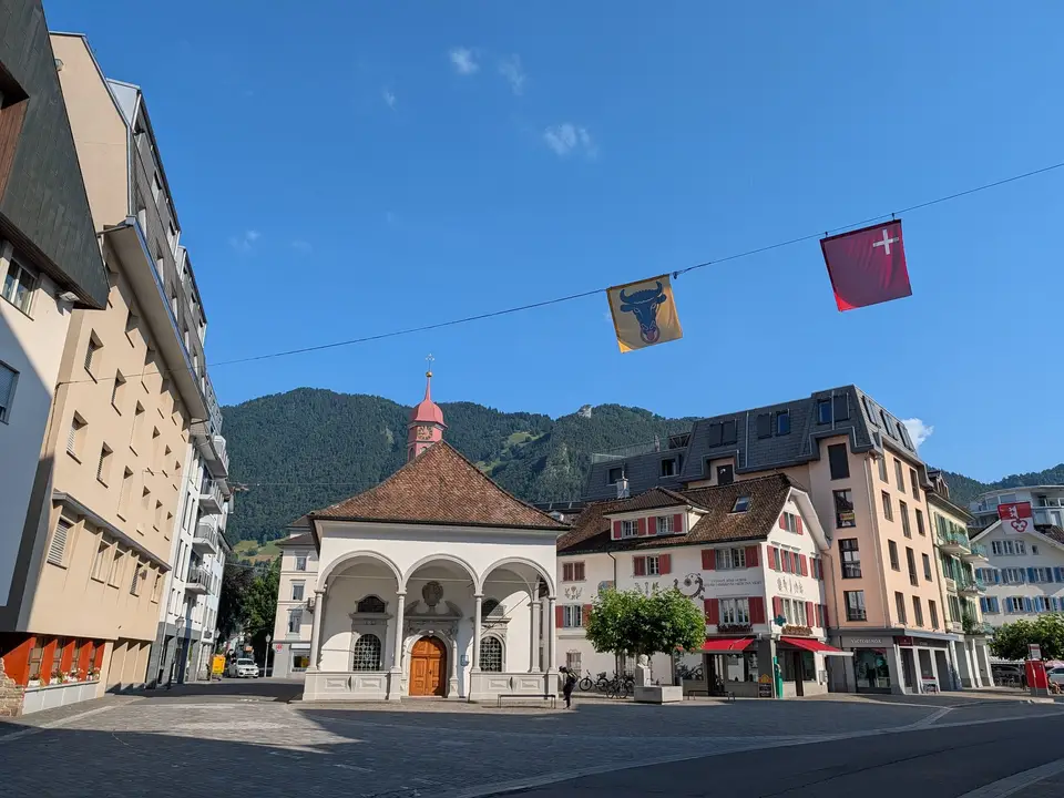 The square in Schwyz with its painted buildings