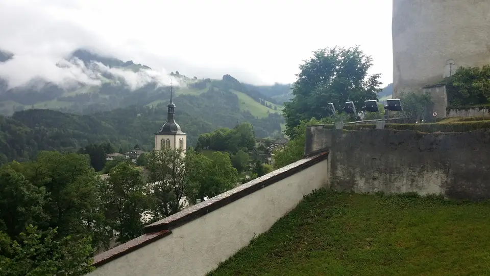 The church tower and the hills from the rampart walk