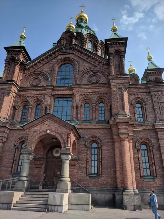 The red brick front of Uspenski Cathedral