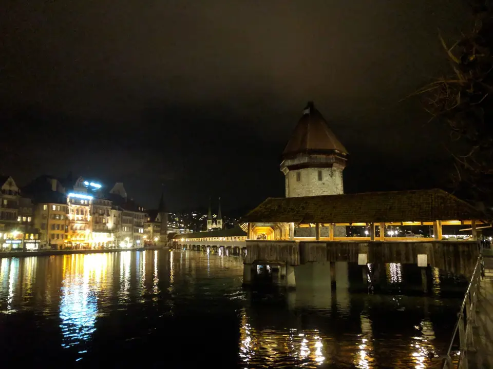 The Chapel Bridge and Water Tower after dark