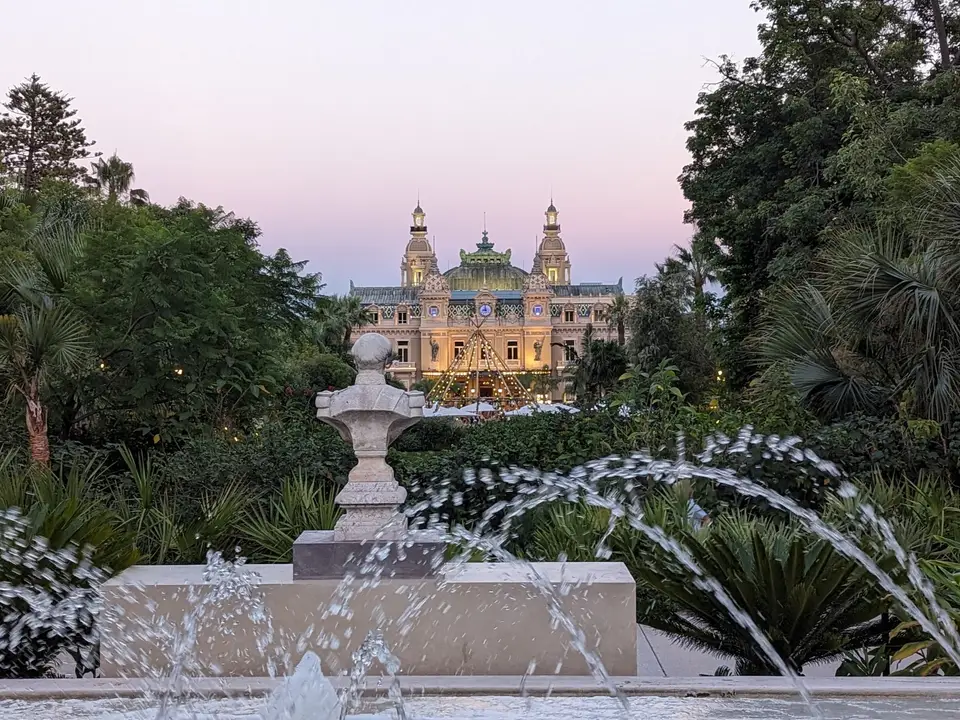 The Casino de Monte-Carlo and its fountain at dusk