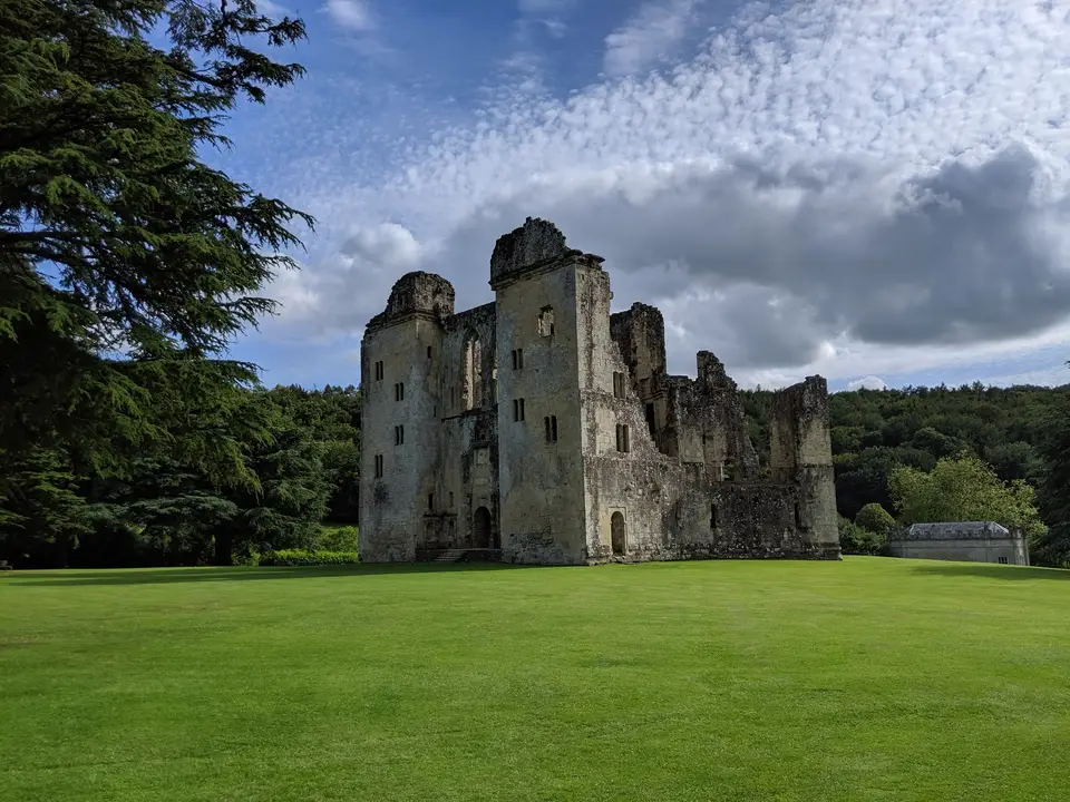 The castle ruin across the lawn
