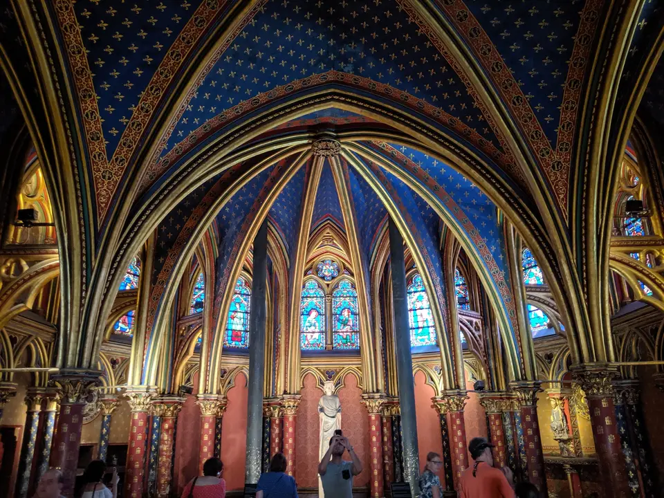 The lower chapel of Sainte-Chapelle, blue and gold overhead