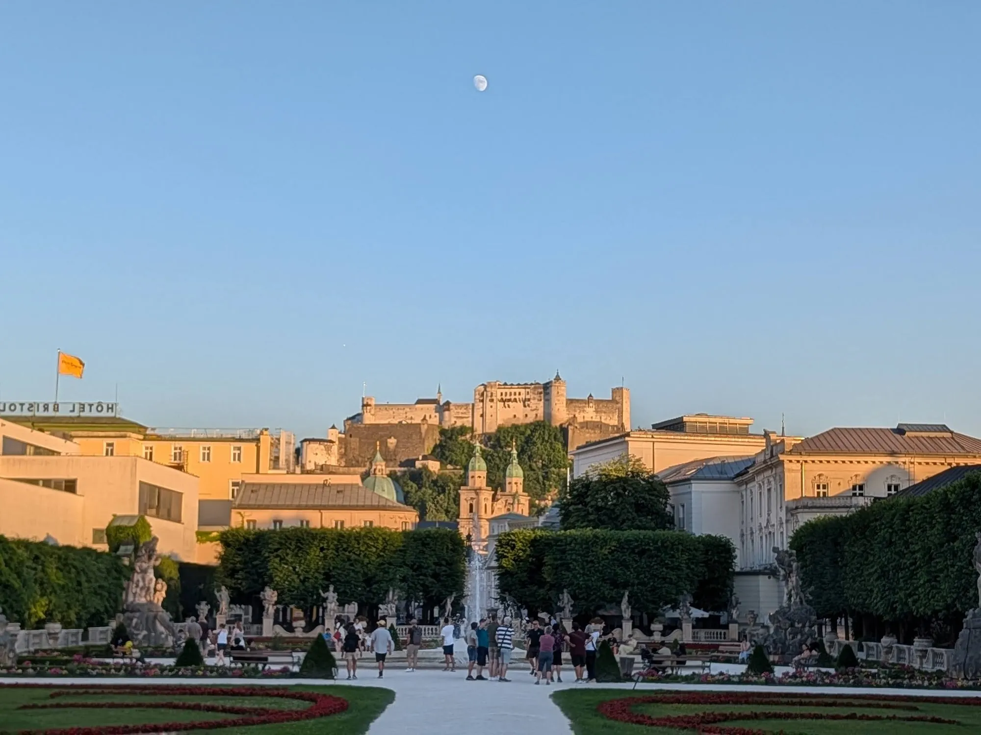 Mirabell at dusk, the fortress behind