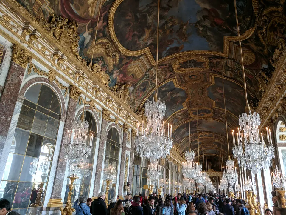 The Hall of Mirrors, chandeliers the length of it