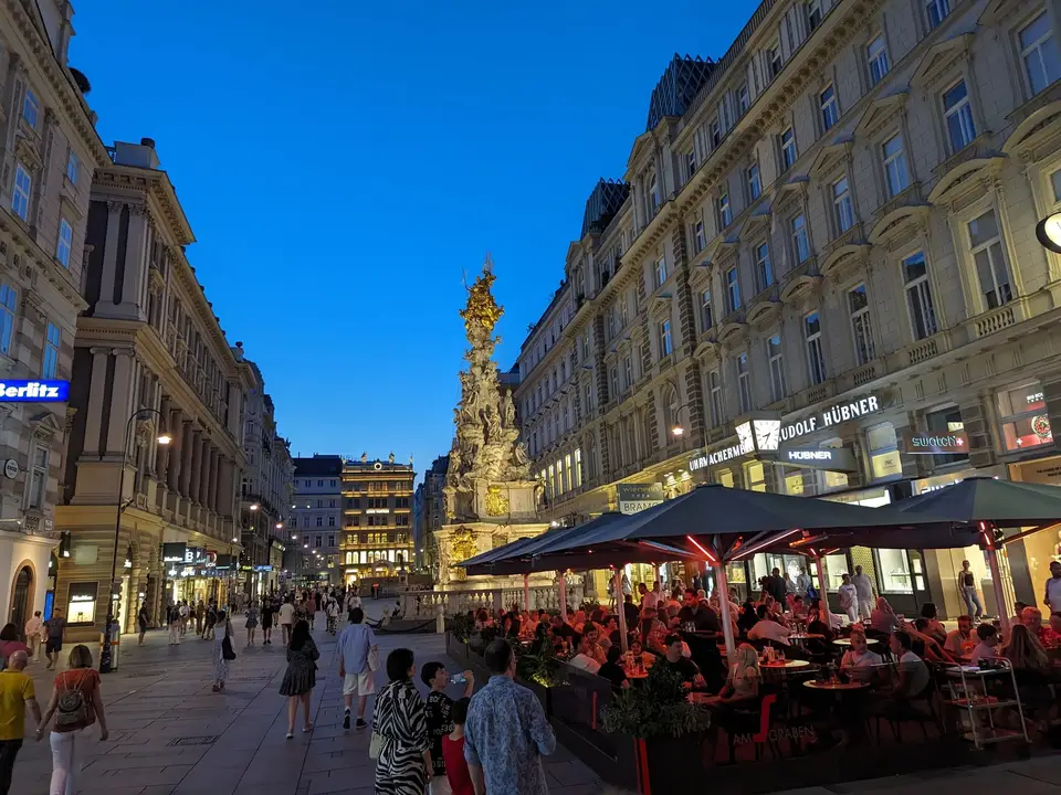 The Graben at dusk with the cafés out
